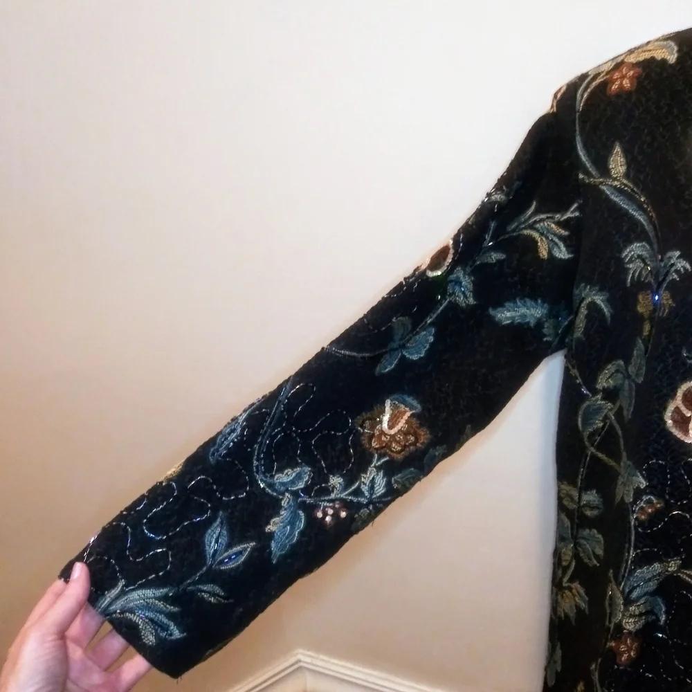 Indigo Moon Boho Beaded & Sequinned Black/Multi Long Floral Brocade Coat - Picture 6 of 12